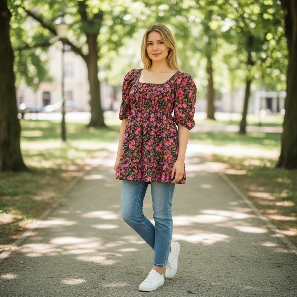 Pinch Women's Size M Medium Floral Squared Neck Short Sleeve Mini Dress